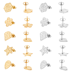 Золотой & Цвет Нержавеющей Стали 20 шт. 10 стиль 304 фурнитура для сережек-гвоздиков из нержавеющей стали с отверстием и гайками, шестиугольник, капля, веер и цветок, золотые и нержавеющая сталь цвет, 12~12.5x9.5~12 мм, отверстие : 1 мм, штифты : 0.6 мм, 2 шт / стиль