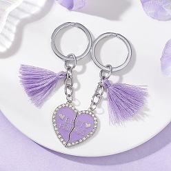 Фиолетовый 2шт. брелки с подвеской из сплава, сердце с слово лучших друзей, с подвесками из эмали, стразов и полиэстера с кисточками и 304 фурнитурой из нержавеющей стали, платина, фиолетовые, 87 мм