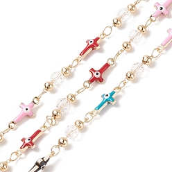 Colorful Brass Enamel Cross with Evil Eye Link Chains, with CCB Beaded, Soldered, with Spools, Cadmium Free & Lead Free, Real 14K Gold Plated, Colorful, 13x6x3mm, 12x4.5mm