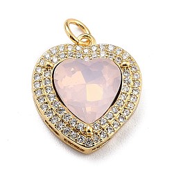 Misty Rose Eco-Friendly Brass Micro Pave Cubic Zirconia Pendants, with Faceted Glass & Jump Ring, Golden, Long-Lasting Plated, Heart, Misty Rose, 19x16.5x6.5mm, Jump Ring: 5x0.7mm, Inner Diameter: 3.6mm