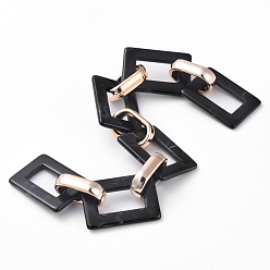 Black Imitation Gemstone Style Acrylic Handmade Rectangle Link Chains, with Rose Gold Plated CCB Plastic Linking Ring, Black, 39.37 inch(100cm), Link: 25.5x17.5x2.5mm and 18.5x11.5x4.5mm, 1m/strand