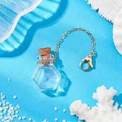 Шестиугольник Пустая стеклянная бутылка желаний подвеска украшения, латунная цепь и застежки-клешни лобстера подвески подвески украшения, шестиугольник, 98 мм