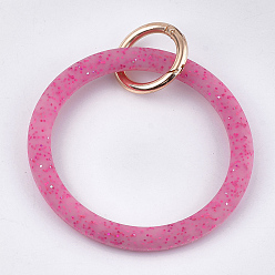 Hot Pink Silicone Bangle Keychains, with Alloy Spring Gate Rings and Glitter Powder, Light Gold, Hot Pink, 116mm