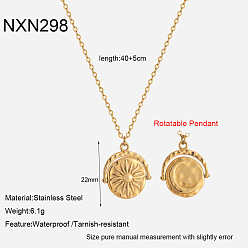 Flat Round 304 Stainless Steel Rotating Pendant Necklaces, Golden, Flat Round with Moon and Sun, 15.75 inch(40cm)