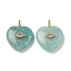 Amazonite Natural Amazonite Pendants, Heart Charms with Brass Micro Pave Clear Cubic Zirconia Findings, Golden, 31.5~32x25~25.5x9.5~10.5mm, Hole: 4mm