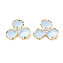 Golden Brass Micro Pave Clear Cubic Zirconia Pendants, with Sky Blue Enamel, Flower Charms, Golden, 16x19.5x4mm, Hole: 2x3mm