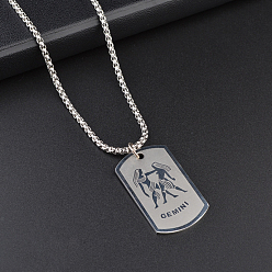 Близнецы Прямоугольник с подвеской из сплава созвездия 316l ожерелья из хирургической нержавеющей стали, цвет нержавеющей стали, Близнецы, 27.56 дюйм (70 см)