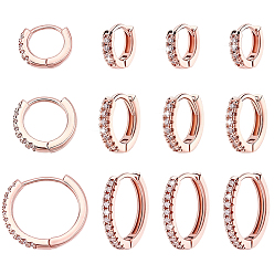 Rose Gold 12Pcs 3 Styles Brass Rhinestone Hoop Earrings, Ring, Rose Gold, 9~15x10.5~15x2mm