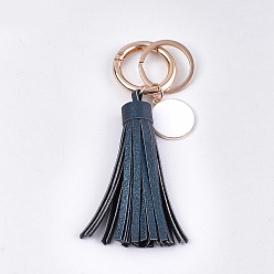 Dark Slate Gray PU Leather Tassel Keychain, with Alloy Enamel Pendants, Iron Key Rings and Alloy Spring Gate Rings, Light Gold, Dark Slate Gray, 121~128mm