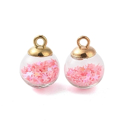 Pink Glass Round Pendants, with Plastic Finding and Foam Glitter, Pink, 21x16mm, Hole: 2.5mm