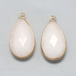 Кремово-белый Натурального белого нефрита подвески, с фурнитурой латунной золотого тона, граненые, капля, окрашенные, кремово-белые, 32.5~33x16x6 мм, отверстие : 2.5 мм