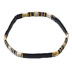 Rectangle Винтажные эластичные браслеты из стекла, латуни и натурального камня для женщин и девушек., черный и золотой, прямоугольные, 6.30~6.50 дюйм (16~16.5 см)