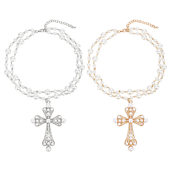 Platinum & Golden 2Pcs 2 Styles Iron & Alloy Cross Big Pendant Plastic Pearl Link Chain Double Layered Necklaces, White, Platinum & Golden, 15.2~15.35 inch(38.6~39cm), 1pc/style 