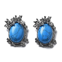 Синтетическая Бирюза Окрашенные синтетические бирюзовые подвески, овальные подвески с латунными листьями, античное серебро, без свинца и без кадмия, 28x21x9 мм, отверстие : 6.5x3 мм