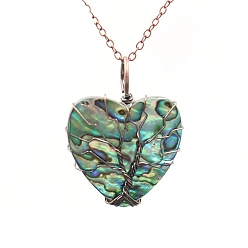 Red Copper Tree Of Life Wire Wrapped Peach Heart Abalone Shell Shape Stone Pendant Necklaces, Red Copper, 19.69 inch(50cm)