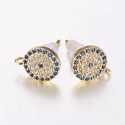 Золотой Латунные серьги-гвоздики из циркония, с петлей, без свинца и без кадмия, плоско-круглые, синие, золотые, 11x9x2 мм, отверстия: 1 мм, контактный: 0.8 мм