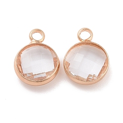 Clear Golden Tone Brass Glass Flat Round Charms, Faceted, Clear, 12x8.5x3mm, Hole: 1.5mm