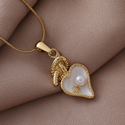 Золотой 304 Женские ожерелья с подвеской в виде сердца из нержавеющей стали, эмалированной, с имитацией жемчуга белого цвета, золотые, 15.75 дюйм (40 см)