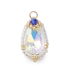 Прозрачный АВ Стеклянные подвески, слеза, с 304 соединительными кольцами из нержавеющей стали и стеклянными бусинами, граненые, ясно AB, 22.5x14x8 мм, отверстие : 3 мм