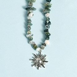 Moss Agate Natural Moss Agate  Necklaces, with Alloy Charms, Sun, 14.57 inch(37cm)