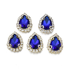 Средно-синий Шить на горный хрусталь, прозрачное стекло горный хрусталь, с настройками латуни, граненые, слеза, светло-синий, 19x14.5x5.5 мм, отверстие : 1 мм