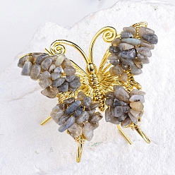 Лабрадорита Необработанный натуральный лабрадорит, минеральные украшения для демонстрации образцов, с металлическим держателем-бабочкой, украшение для домашнего рабочего стола по фэн-шуй, 65x75 мм