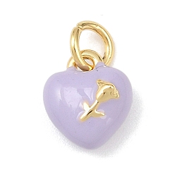 лаванда Латунь эмаль прелести, Сердце с розой, с целью перехода в кольце, без кадмия и без свинца, стойки покрытие, долговечный, реальный 18 k позолоченный, лаванда, 9.5x8x4 мм, отверстие : 3 мм