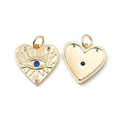 Настоящее золото 18K Реечное покрытие латунь микро паве разноцветные подвески из кубического циркония, с целью перехода в кольце, без кадмия, без никеля и без свинца, Сердце с глаз, реальный 18 k позолоченный, 15.5x15.5x2 мм, Перейти кольцо: 5x0.6 мм, внутренний диаметр: 3.8 мм