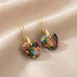 Colorful Brass & Imperial Jasper Dangle Earrings, Heart, Golden, Colorful, 34x15mm