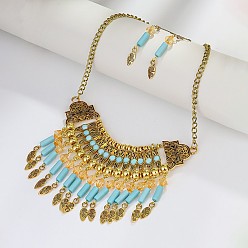 Античное Золото Комплекты из ожерелий и висячих серег из сплава, стекла и смолы с подвесками в виде колонны, античное золото , 440 мм