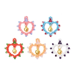 (52) Непрозрачная лаванда Подвески в форме сердца из стеклянных бусин, с подвеской в виде сердца из золотого сплава, разноцветные, 31x29x4 мм, отверстие : 1.5x2 мм