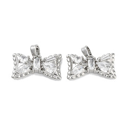 Platinum Brass Micro Pave Cubic Zirconia Pendants, Bowknot Charms, Cadmium Free & Nickel Free & Lead Free, Platinum, 11x20x5mm, Hole: 3x5mm