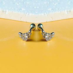 Прозрачный Сердце с крыльями ангела 316l хирургическая нержавеющая сталь, кольца для языка с инкрустацией кубическим цирконием, цвет нержавеющей стали, прозрачные, штифты : 1.6 мм, Руководитель: 5 mm, длина стержня: 9/16"(14мм)