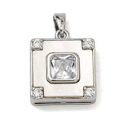 Платина Латунные микропаве прозрачные подвески с фианитом, с подвесками из натуральных ракушек, квадратных амулеты, платина, 17.5x15x5.5 мм, отверстие : 4x2 мм