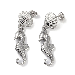Stainless Steel Color Non-Tarnish Texture Sea Horse 304 Stainless Steel Dangle Earrings, Shell Shape Stud Earring for Women, Stainless Steel Color, 45x12.5mm