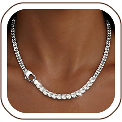 Platinum Brass Pave Clear Cubic Zirconia Tennis Necklaces, Cuban Link Chain Necklaces, Platinum, 15.75 inch(40cm)