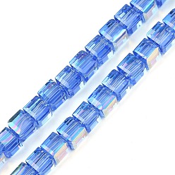 Синий Гальванизируйте прозрачное стекло бисер нитей, Cude, граненые, с покрытием AB цвета, синие, 5~6x5.5~6x5.5~6 мм, отверстие : 1.2 мм, около 95~98 шт / нитка, 20.07~20.86 дюйм (51~53 см)