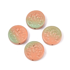 Light Salmon Two Tone Color Baking Paint Opaque Glass Beads, Flat Round with Flower Pattern, Light Salmon, 20x6~6.5mm, Hole: 1.4~1.6mm