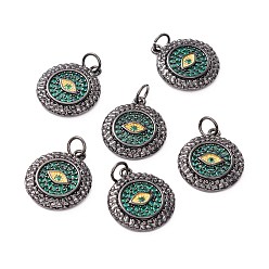 Gunmetal Brass Micro Pave Green Cubic Zirconia Pendants, with Jump Ring, Long-Lasting Plated, Lead Free & Cadmium Free & Nickel Free, Flat Round with Eye, Gunmetal, 17.5x15x3mm, Hole: 3.5mm