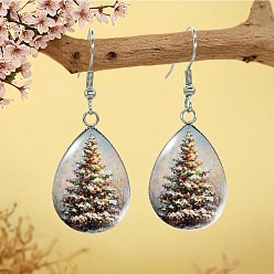 Античный Белый Серьги-подвески из сплава и стекла, платина, каплевидный узор с рождественской елкой, старинный белый, 45x18 мм