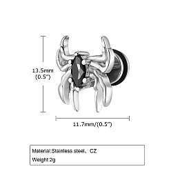 Spider Мужские серьги-гвоздики из нержавеющей стали с микропаве и кубическим цирконием, античное серебро, паук, 13.5x11.7 мм