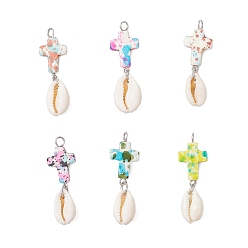 Cross 6шт. 6 цвета подвески из натуральной ракушки каури и окрашенной синтетической бирюзы, с 304 петлями из нержавеющей стали, цвет нержавеющей стали, разноцветные, крестик, 41x12.5x9 мм, отверстие : 2.5 мм, 1 шт / цвет