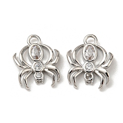 Платинированный Латунные микро проложить кубического циркония прелести, паук, Реальная платина, 11x9x2 мм, отверстие : 1.4 мм