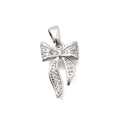 Платина Латунные подвески с фианитами, бантом прелести, долговечный, платина, 15x10x3 мм, отверстие : 5x3 мм