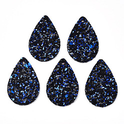 Морской Синий Кожаные подвески pu, с блестками, слеза, Marine Blue, 39x25x2 мм, отверстие : 1.5 мм