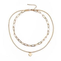 Golden PVD Vacuum Plating 304 Stainless Steel Double Chains Multi Layered Necklace with Heart Charms for Women, Golden, 16.34 inch(41.5cm)