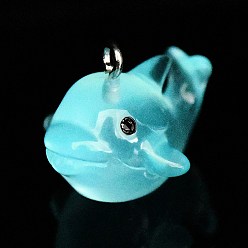 Mixed Color Luminous Translucent Resin Pendants, Shark Charm, with Platinum Tone Iron Loops, Mixed Color, 20.5x23x27mm, Hole: 2.5mm