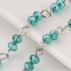 Light Sea Green Handmade Brass Glass Beaded Chains, Unwelded, Light Sea Green, 1000mm