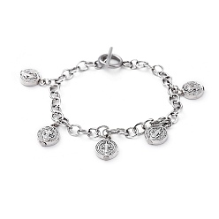 Antique Silver & Stainless Steel Color Religion Alloy Charm Bracelets, with 304 Stainless Steel Chains and Toggle Clasps, Flat Round with Saint Benedict Medal, Antique Silver & Stainless Steel Color, 7-1/4 inch(18.5cm)