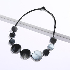 Черный Женские колье-нагрудники из вощеного шнура с плоскими круглыми бусинами, расположенными по диагонали, чёрные, 23.62 дюйм (60 см)